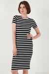 Slim Fit Çizgili Pamuklu Bisiklet Yaka Kısa Kollu Midi Kadın Elbise 5865700 SİYAH-BEYAZ