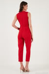 Slim Fit Düz Paça Kruvaze Yaka Kemerli Kadın Tulum 6783626 KIRMIZI