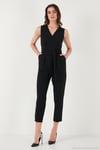 Slim Fit Düz Paça Kruvaze Yaka Kemerli Kadın Tulum 6783626 SİYAH