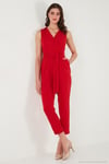 Slim Fit Düz Paça Kruvaze Yaka Kemerli Kadın Tulum 6783626 KIRMIZI