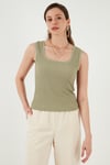 Slim Fit Kalın Askılı Dantelli Kare Yaka Bürümcük Kadın Atlet 5864979 Olive
