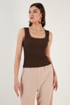 Slim Fit Kalın Askılı Dantelli Kare Yaka Bürümcük Kadın Atlet 5864979 KAHVE