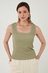 Slim Fit Kalın Askılı Dantelli Kare Yaka Bürümcük Kadın Atlet 5864979 Olive