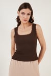Slim Fit Kalın Askılı Dantelli Kare Yaka Bürümcük Kadın Atlet 5864979 KAHVE