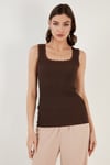 Slim Fit Kalın Askılı Dantelli Kare Yaka Bürümcük Kadın Atlet 5864979 KAHVE
