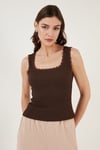 Slim Fit Kalın Askılı Dantelli Kare Yaka Bürümcük Kadın Atlet 5864979 KAHVE