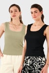 Slim Fit Kalın Dantelli Kare Yaka Bürümcük 2'li Paket Kadın Atlet 5864979S2 SİYAH-Olive