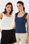 Slim Fit Kalın Dantelli Kare Yaka Bürümcük 2'li Paket Kadın Atlet 5864979S2 Ekru-İndigo