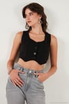 Slim Fit Kalp Yaka Düğmeli Kalın Askılı Crop Kadın Yelek 5865497 SİYAH