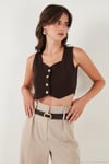 Slim Fit Kalp Yaka Düğmeli Kalın Askılı Crop Kadın Yelek 5865497 KAHVE