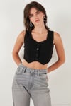 Slim Fit Kalp Yaka Düğmeli Kalın Askılı Crop Kadın Yelek 5865497 SİYAH