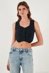 Slim Fit Kalp Yaka Düğmeli Kalın Askılı Crop Kadın Yelek 5865497 LACİVERT ÇİZGİLİ
