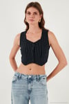 Slim Fit Kalp Yaka Düğmeli Kalın Askılı Crop Kadın Yelek 5865497 LACİVERT ÇİZGİLİ