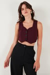 Slim Fit Kalp Yaka Düğmeli Kalın Askılı Crop Kadın Yelek 5865497 BORDO