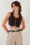 Slim Fit Kalp Yaka Düğmeli Kalın Askılı Crop Kadın Yelek 5865497 KAHVE