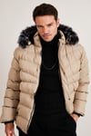 Slim Fit Suni Kürklü Peluş Astarlı Çıkarılabilir Kapüşonlu Şişme Erkek Mont 5761080 B TAŞ