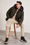 Slim Fit Suni Kürklü Peluş Astarlı Çıkarılabilir Kapüşonlu Şişme Erkek Mont 5761080 B HAKİ