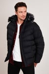 Slim Fit Suni Kürklü Peluş Astarlı Çıkarılabilir Kapüşonlu Şişme Erkek Mont 5761080 B SİYAH