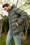 Slim Fit Suni Kürklü Peluş Astarlı Çıkarılabilir Kapüşonlu Şişme Erkek Mont 5761080 B HAKİ