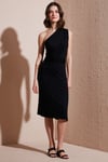 Slim Fit Tek Omuzlu Yırtmaçlı Bağlama Detaylı Midi Kadın Elbise 5866272 SİYAH