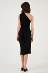 Slim Fit Tek Omuzlu Yırtmaçlı Bağlama Detaylı Midi Kadın Elbise 5866272 SİYAH