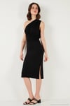 Slim Fit Tek Omuzlu Yırtmaçlı Bağlama Detaylı Midi Kadın Elbise 5866272 SİYAH