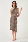 Slim Fit Tek Omuzlu Yırtmaçlı Bağlama Detaylı Midi Kadın Elbise 5866272 LEOPAR