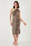 Slim Fit Tek Omuzlu Yırtmaçlı Bağlama Detaylı Midi Kadın Elbise 5866272 LEOPAR