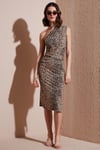Slim Fit Tek Omuzlu Yırtmaçlı Bağlama Detaylı Midi Kadın Elbise 5866272 LEOPAR