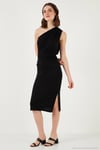 Slim Fit Tek Omuzlu Yırtmaçlı Bağlama Detaylı Midi Kadın Elbise 5866272 SİYAH