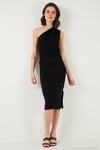 Slim Fit Tek Omuzlu Yırtmaçlı Bağlama Detaylı Midi Kadın Elbise 5866272 SİYAH