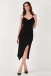 Slim Fit V Yaka Drape Detaylı Yırtmaçlı Midi Boy Kadın Elbise 6789961 SİYAH