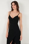 Slim Fit V Yaka Drape Detaylı Yırtmaçlı Midi Boy Kadın Elbise 6789961 SİYAH