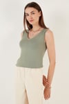 Slim Fit V Yaka Kalın Askılı 2' li Paket Kadın Bluz 5864384S2 Siyah-Olive