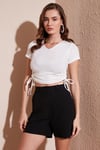Slim Fit V Yaka Yanları Büzülebilir Kadın Bluz 5864011 EKRU