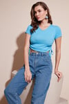 Slim Fit V Yaka Yanları Büzülebilir Kadın Bluz 5864011 MAVİ