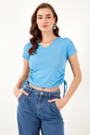 Slim Fit V Yaka Yanları Büzülebilir Kadın Bluz 5864011 MAVİ