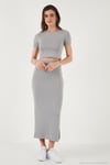 Slim Fit Yırtmaç Detaylı Uzun Etekli Crop Kadın Takım 5866148 GRİ