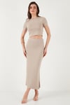 Slim Fit Yırtmaç Detaylı Uzun Etekli Crop Kadın Takım 5866148 TAŞ