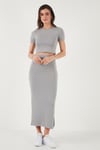 Slim Fit Yırtmaç Detaylı Uzun Etekli Crop Kadın Takım 5866148 GRİ