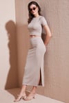 Slim Fit Yırtmaç Detaylı Uzun Etekli Crop Kadın Takım 5866148 TAŞ