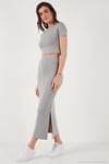 Slim Fit Yırtmaç Detaylı Uzun Etekli Crop Kadın Takım 5866148 GRİ