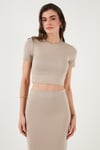 Slim Fit Yırtmaç Detaylı Uzun Etekli Crop Kadın Takım 5866148 TAŞ