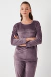 Standart Fit Bisiklet Yaka Yumuşak Kadife Kadın Pijama Takımı 6094202 LİLA