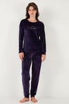 Standart Fit Bisiklet Yaka Yumuşak Kadife Kadın Pijama Takımı 6094201 KOYU MOR
