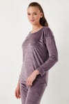 Standart Fit Bisiklet Yaka Yumuşak Kadife Kadın Pijama Takımı 6094202 LİLA