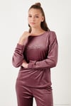 Standart Fit Bisiklet Yaka Yumuşak Kadife Kadın Pijama Takımı 6094201 PUDRA