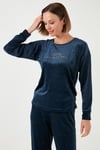 Standart Fit Bisiklet Yaka Yumuşak Kadife Kadın Pijama Takımı 6094201 LACİVERT