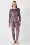 Standart Fit Bisiklet Yaka Yumuşak Kadife Kadın Pijama Takımı 6094202 LİLA