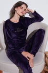 Standart Fit Bisiklet Yaka Yumuşak Kadife Kadın Pijama Takımı 6094201 KOYU MOR